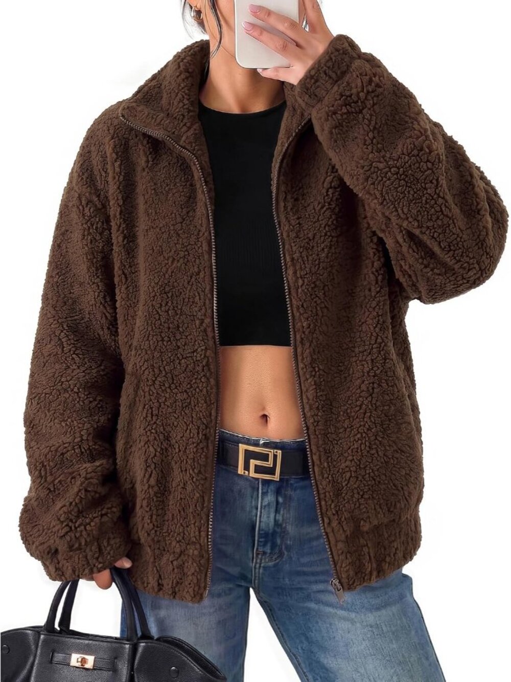 Women's Dark Brown Long Sleeve ZIP Teddy Coat Oversized Sherpa Fleece Jacket